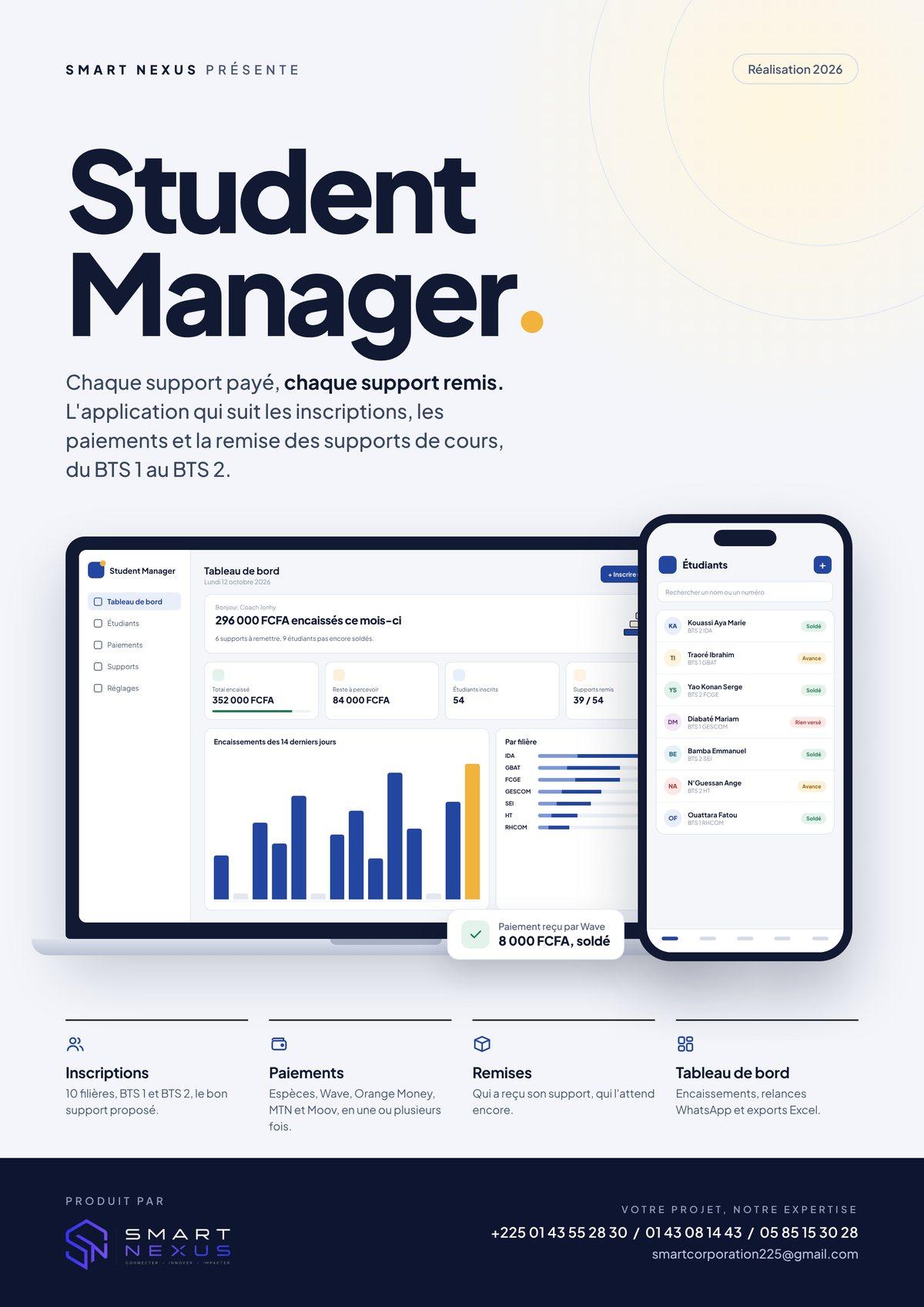 Affiche de Student Manager : tableau de bord sur ordinateur et liste des étudiants sur téléphone