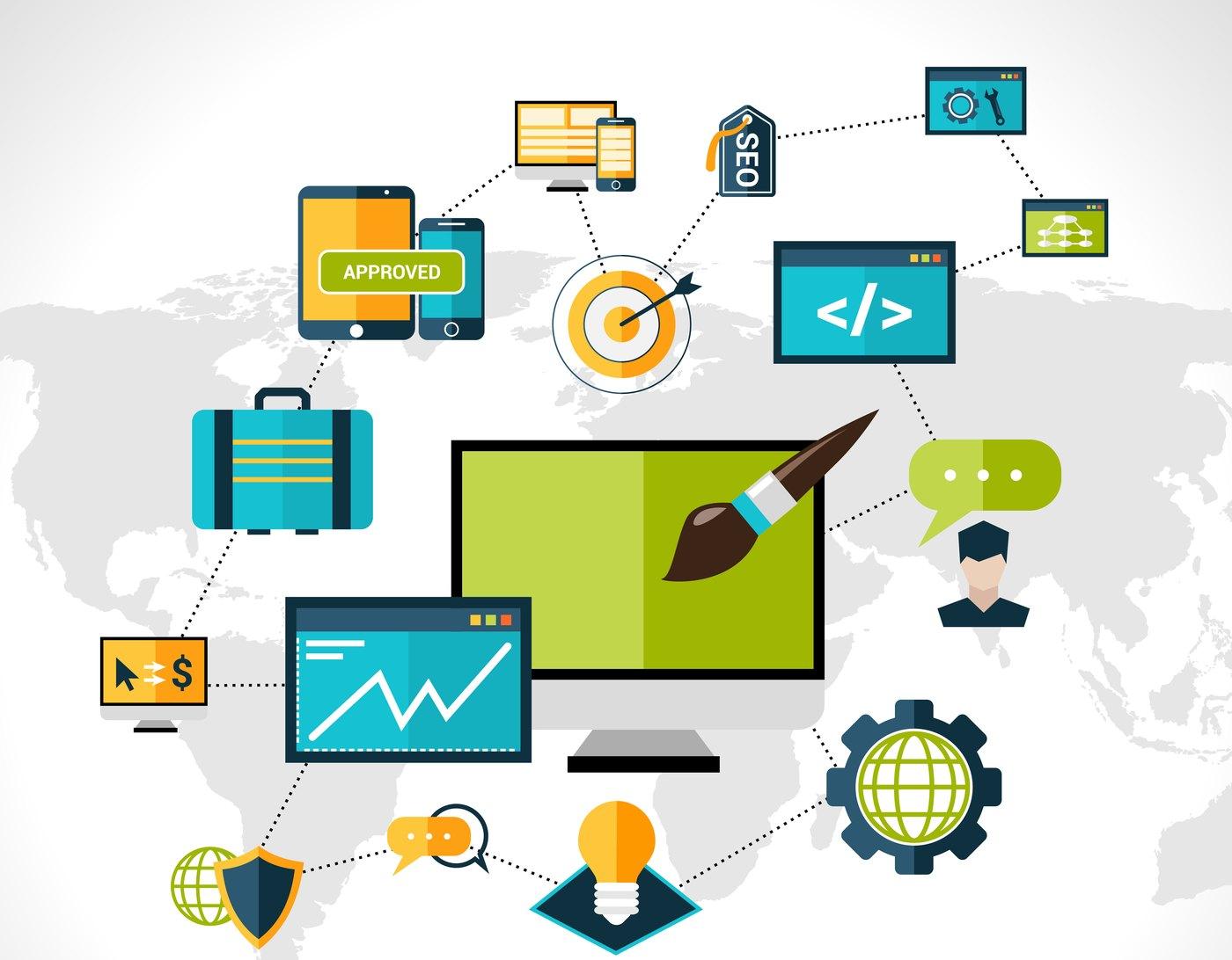 Illustration : écrans, applications, sécurité et outils connectés autour d'un poste de travail